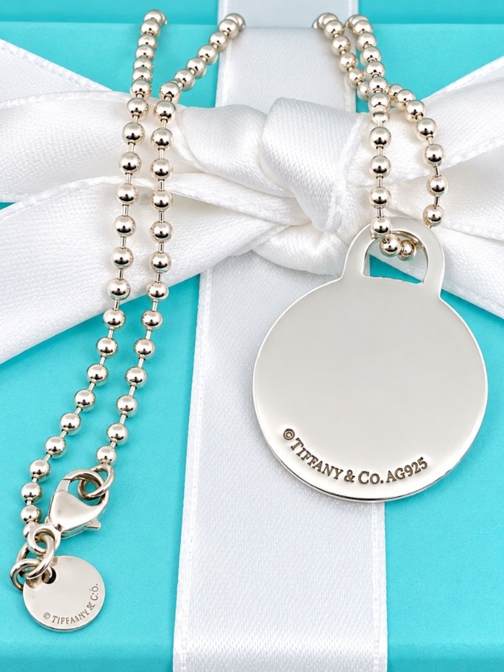 Authentic Tiffany & Co. Sterling Silver Engravable Round Charm Necklace 18”